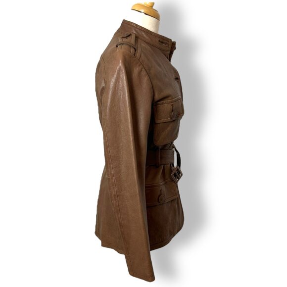 Max Studio Brown Leather Jacket, Belted Nero Collarless Pockets Lined Hip Length - Picture 6 of 11